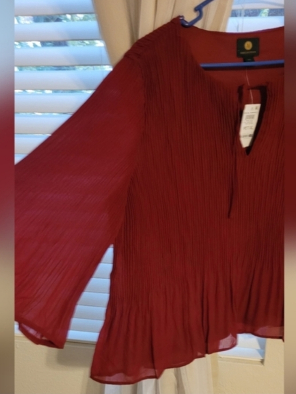 JM Collection Wine Pleated Tie-Neck Blouse - Picture 3 of 6